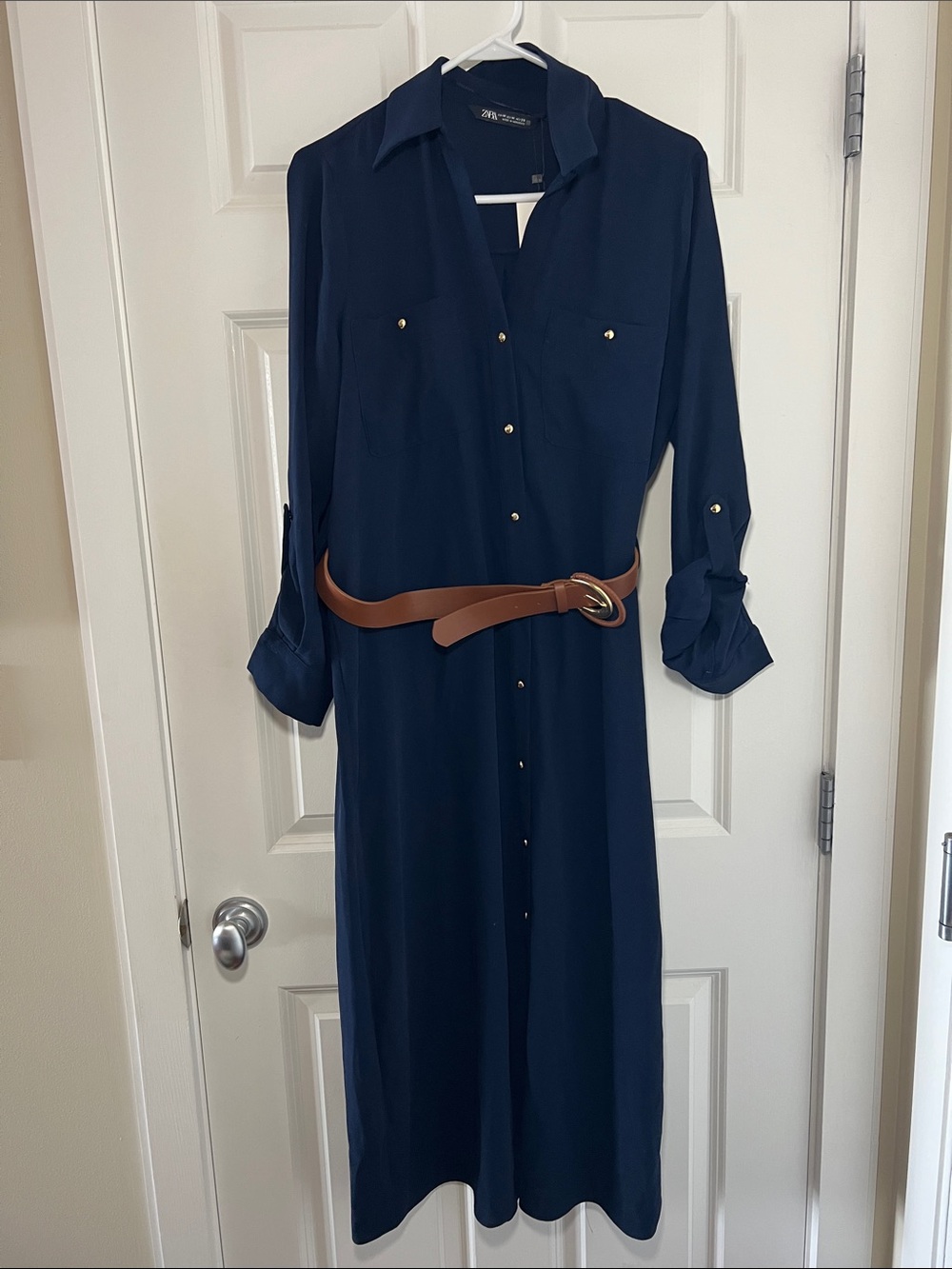Zara Navy Button‑Front Midi Shirt Dress with Brown Belt